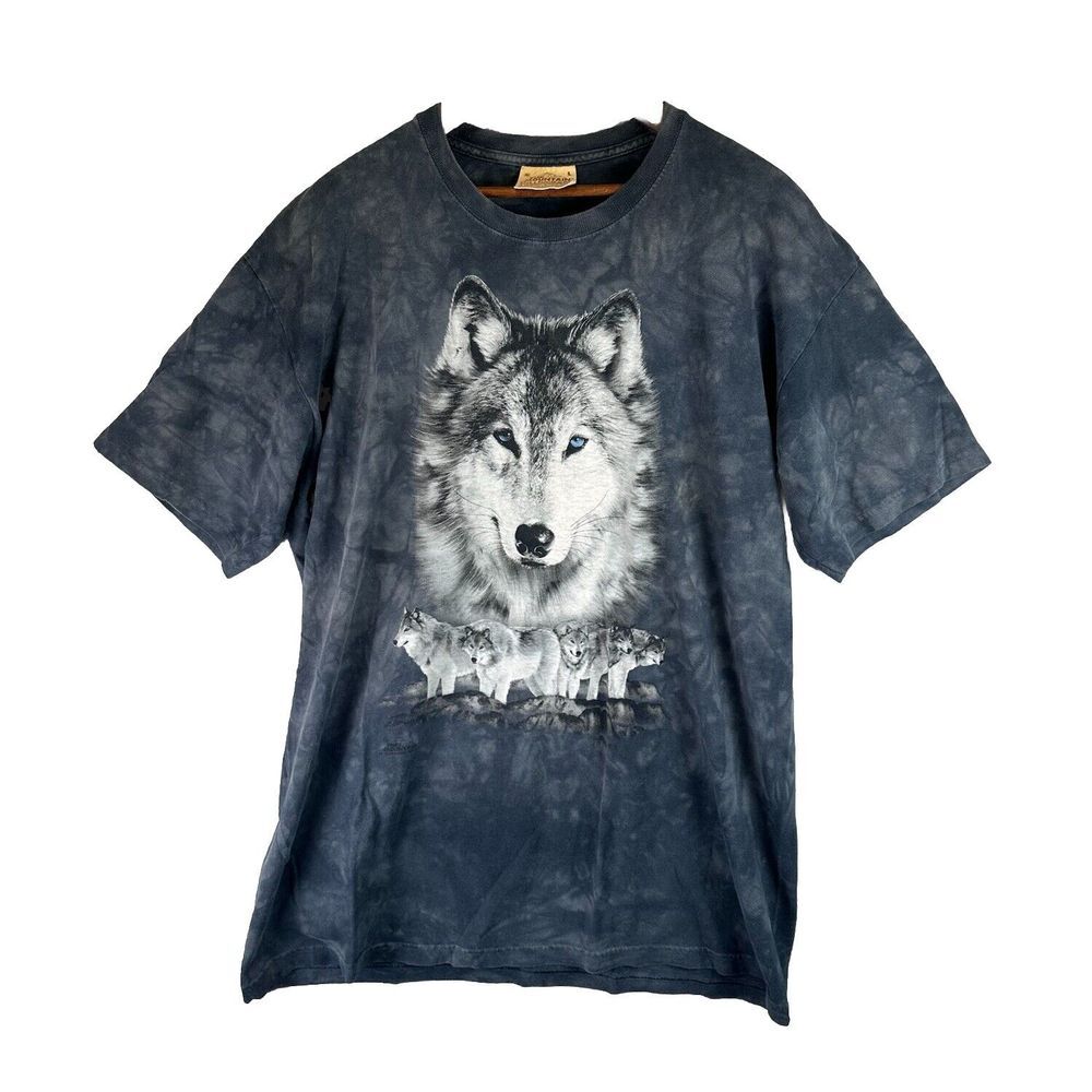 Vintage The Mountain T Shirt Mens L Blue Tie Dye Wolf Animals Nature Graphic Y2K